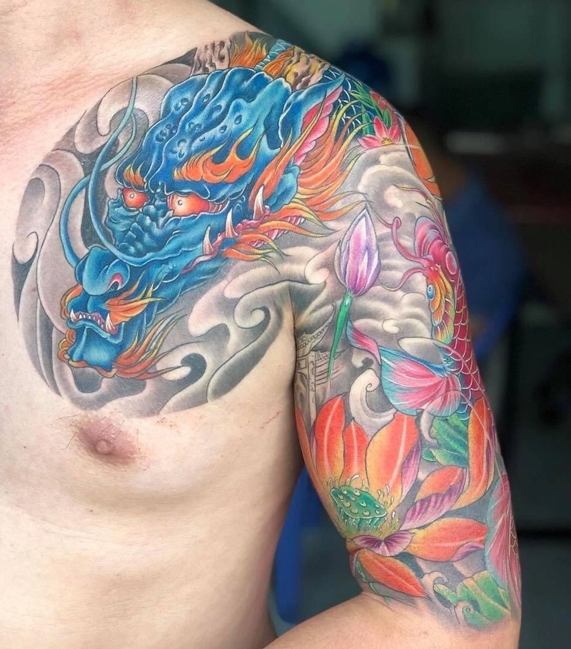 Hình xăm cá chép hóa rồng biểu tượng của ý chí và thành công