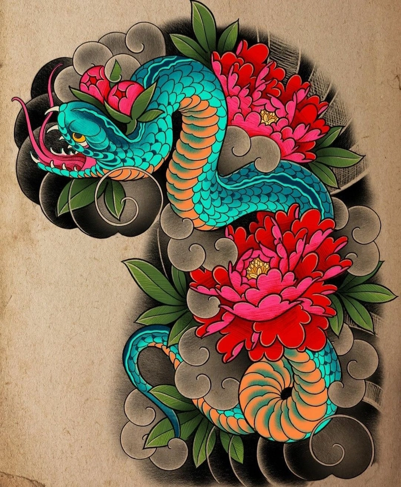 Hình xăm hoa sen rồng cổ điển