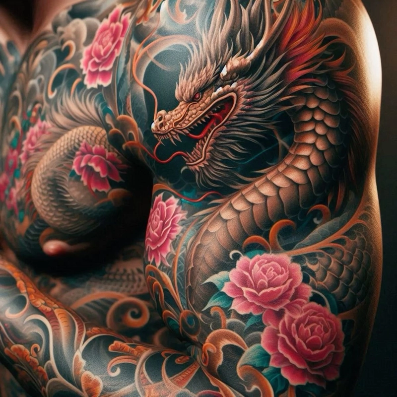 Hình xăm hoa sen rồng hiện đại