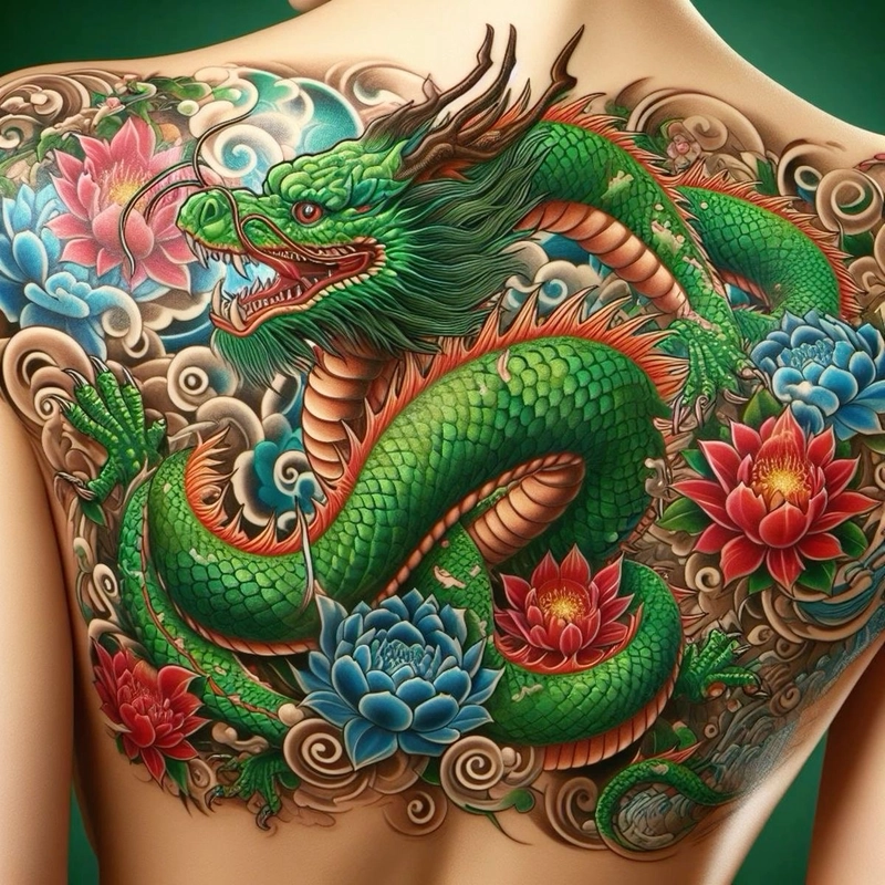 Hình xăm hoa sen rồng kín lưng