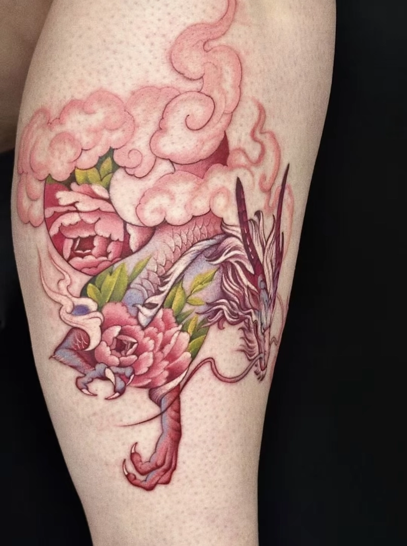 Hình xăm hoa sen rồng màu sắc