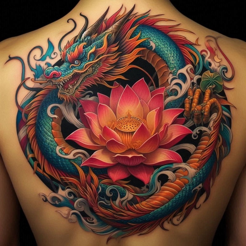 Hình xăm hoa sen rồng mềm mại