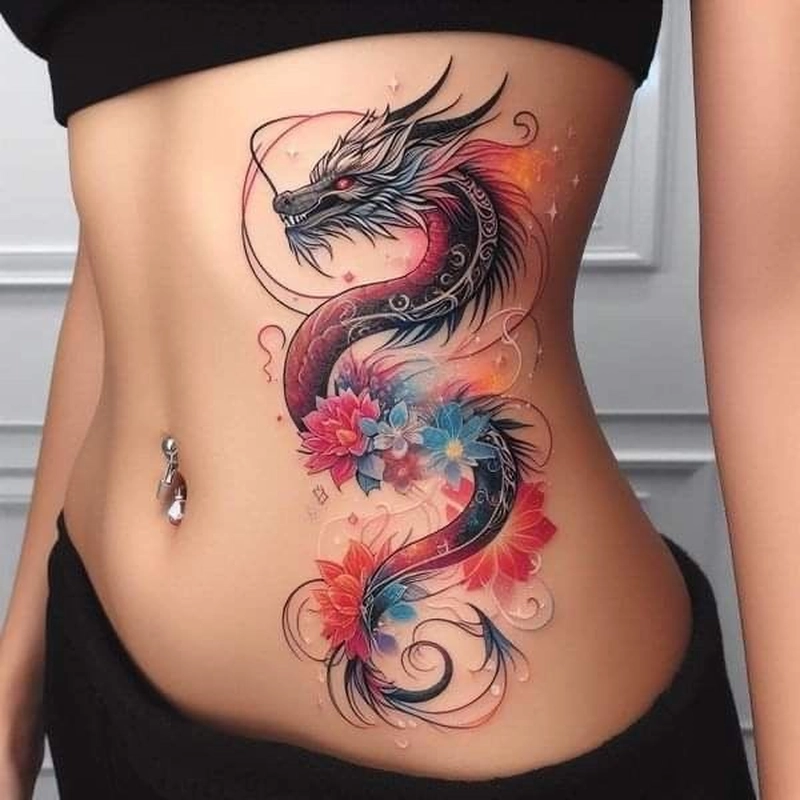 Hình xăm hoa sen rồng phong cách Á Đông