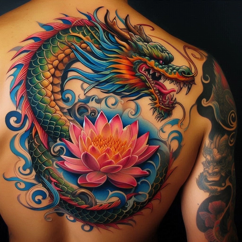 Hình xăm hoa sen rồng thể hiện quyền lực đẹp