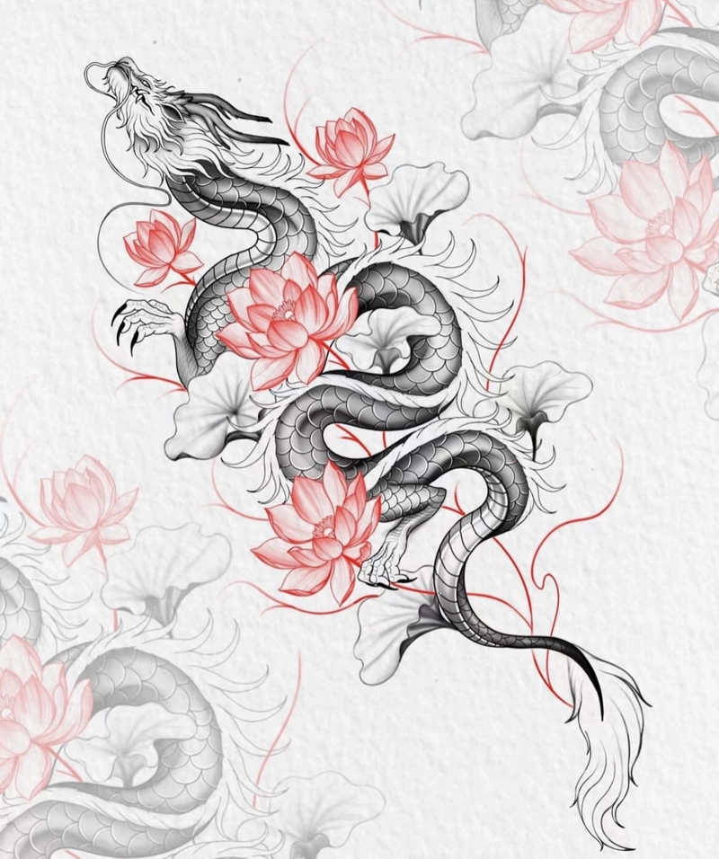Hình xăm hoa sen rồng thể hiện quyền lực nghệ thuật