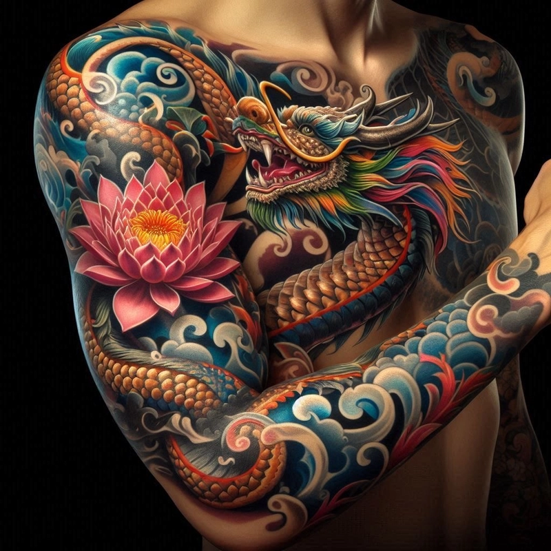 Hình xăm hoa sen rồng thể hiện quyền lực