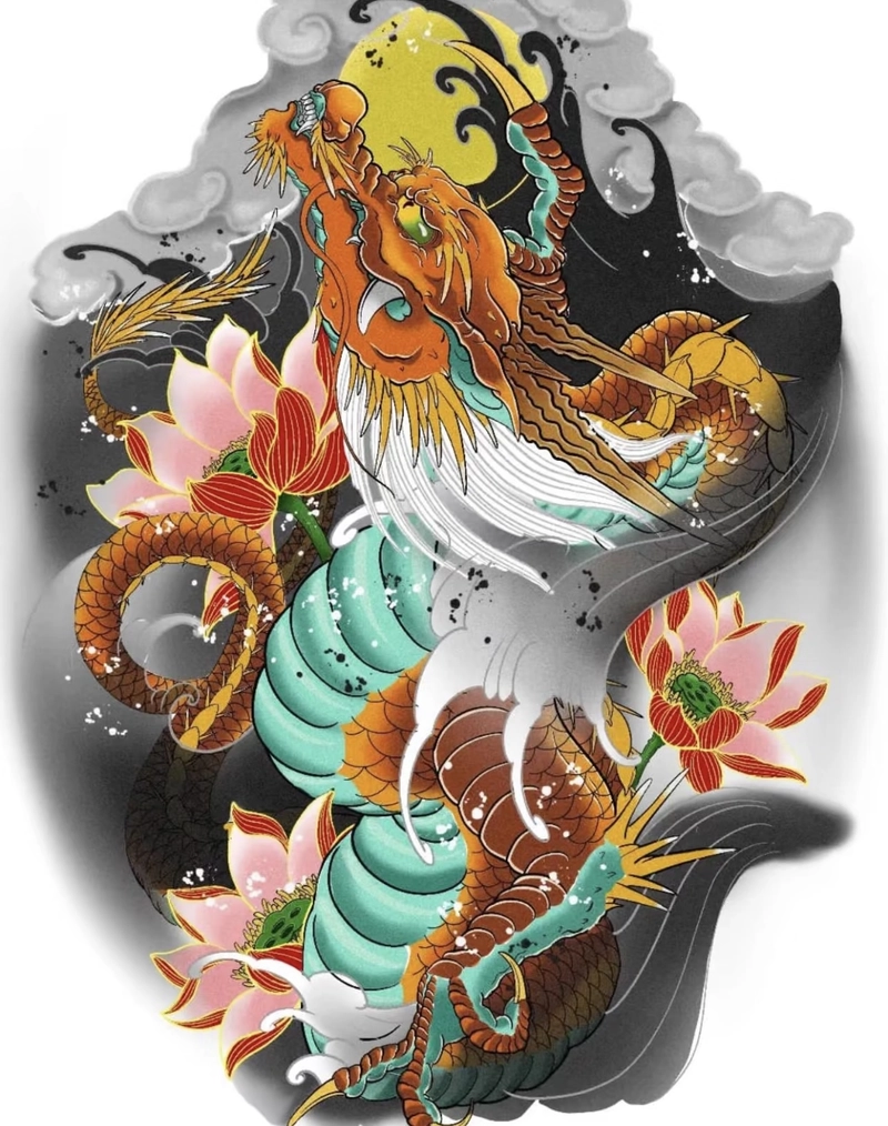 Hình xăm hoa sen và rồng phong thủy