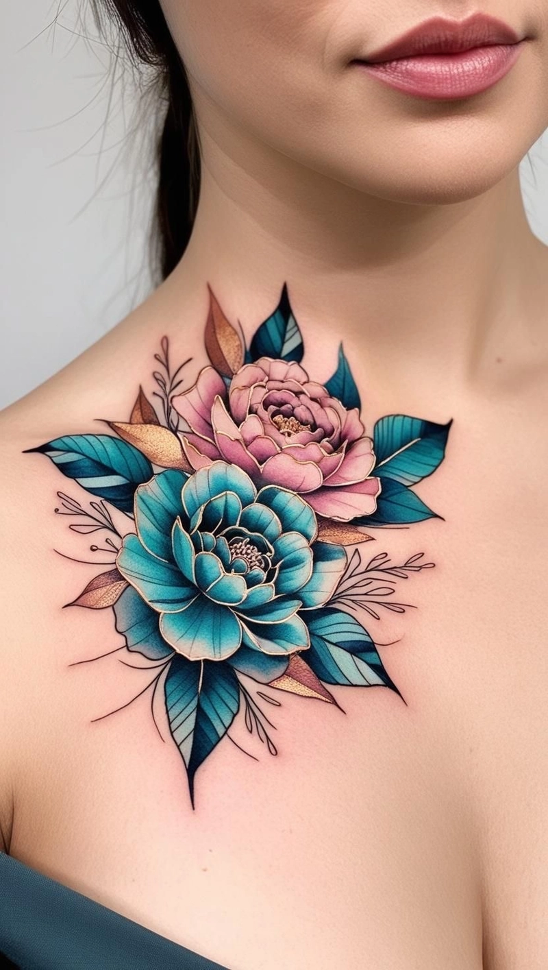 hình xăm hoa trước ngực