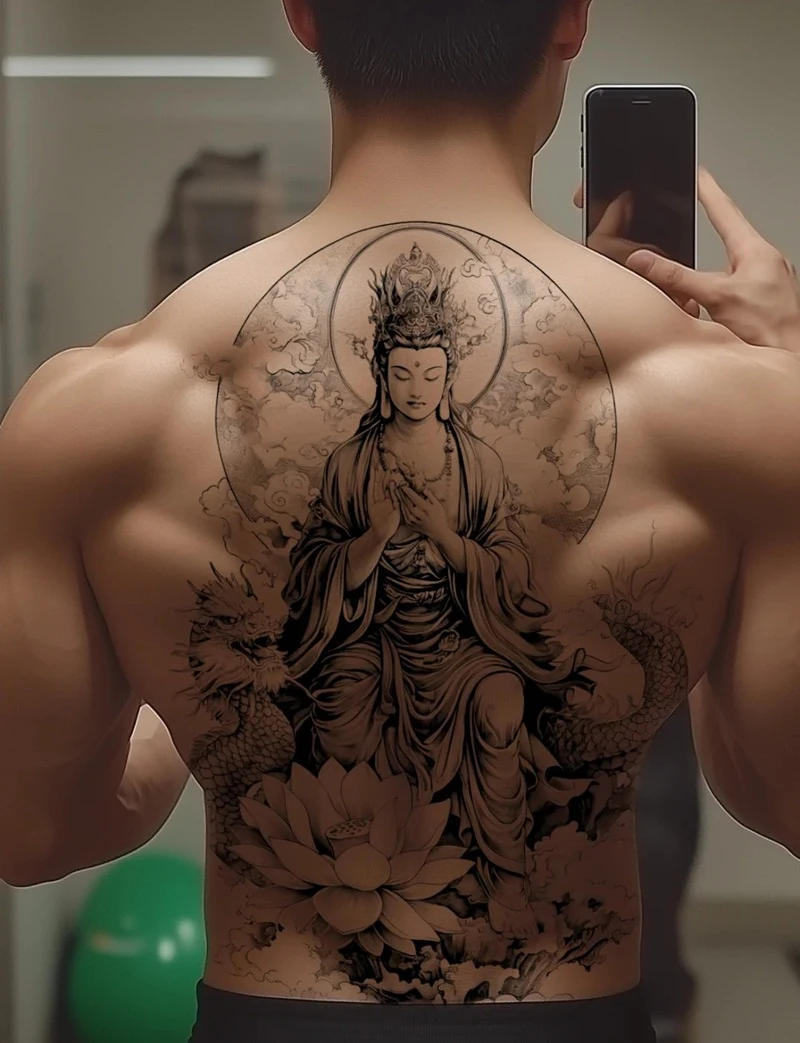 Hình xăm Phật Bà Quan Âm dạng line art