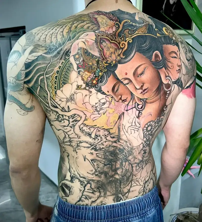 Hình xăm Phật Bà Quan Âm hoa sen