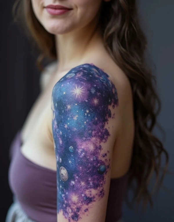 Hình xăm bầu trời sao nữ màu xanh tím