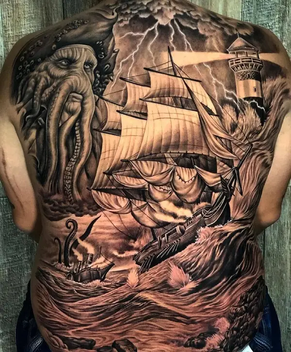 Hình xăm chiến hạm nam mạnh mẽ kiêu hùng