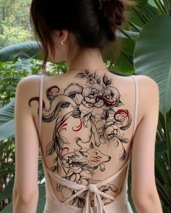 Hình xăm hoa lá kết hợp hồ ly phong thủy