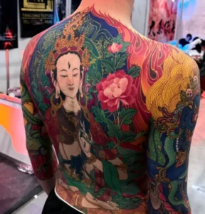 Tattoo Phật Bà Quan Âm đường nét mềm mại