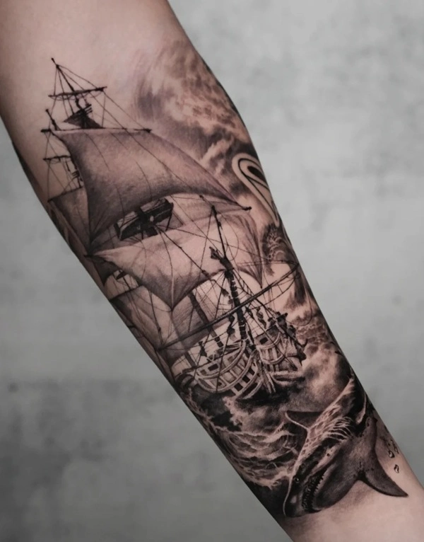 Tattoo chiến hạm nam phong cách cổ điển