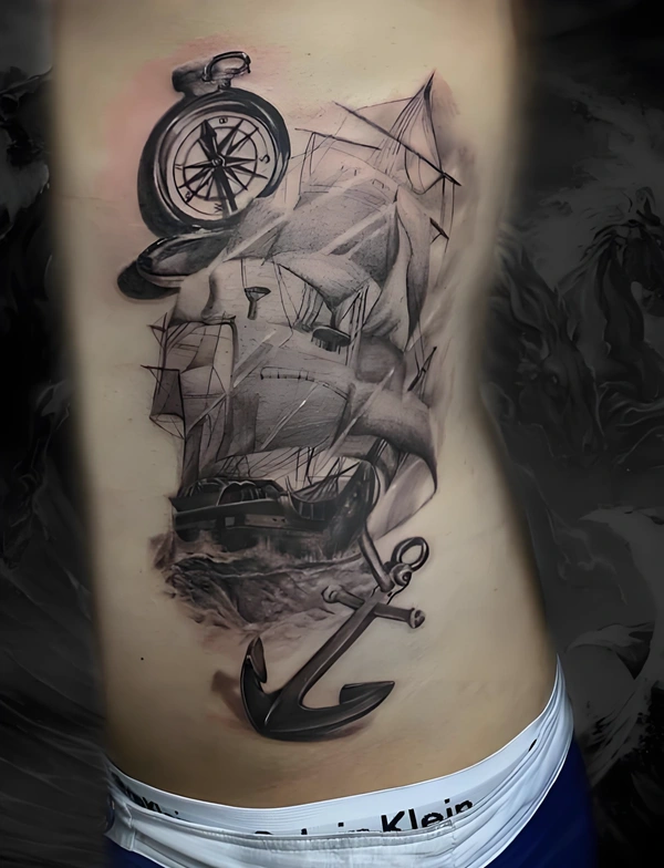 Tattoo chiến hạm nam phong cách tối giản