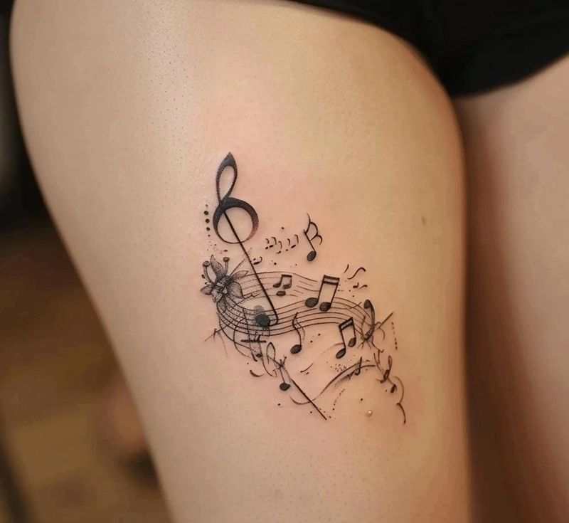Tattoo nốt nhạc nữ phối màu hài hòa