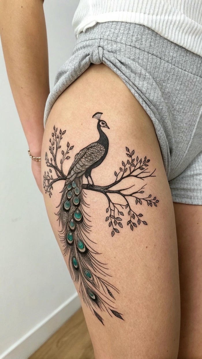 xăm hình chim công ở đùi nữ xăm hình chim công ở đùi nữ